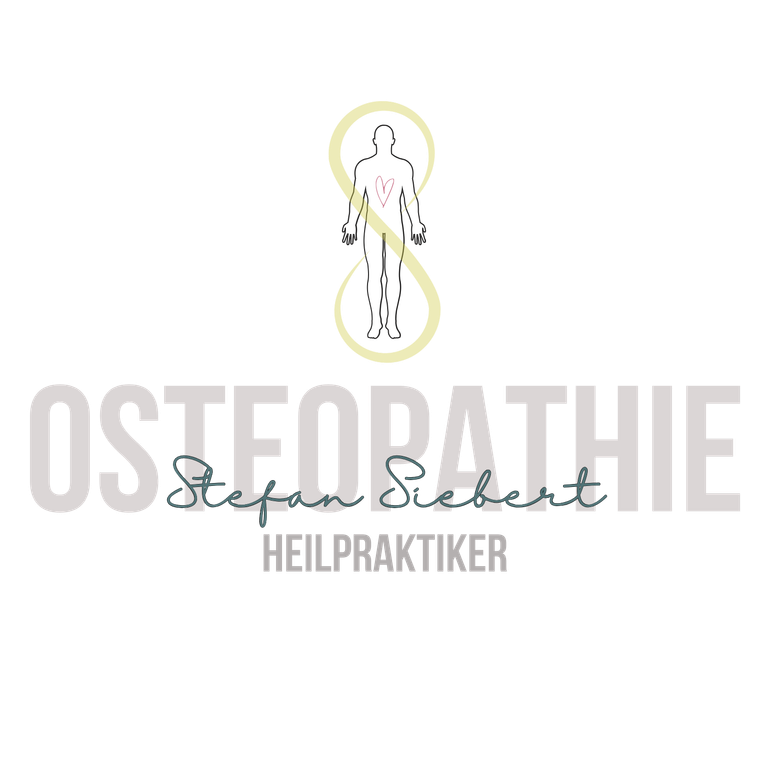 Logo mit dem Schriftzug Osteopathie, darunter der Name Stefan Siebert und darunter das Wort Heilpraktiker. Über dem Text ist eine menschliche Silhouette mit einem stilisierten, gelben Unendlichkeitszeichen und einem roten Herz im Brustbereich.
